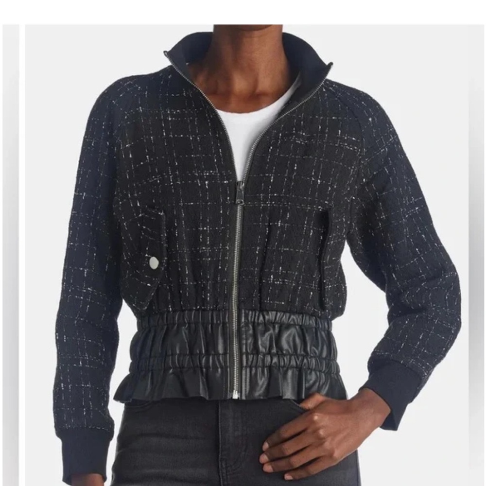 Tweed pleather trimmed cropped jacket womens NWT Gracia Bloomingdale’s sz small